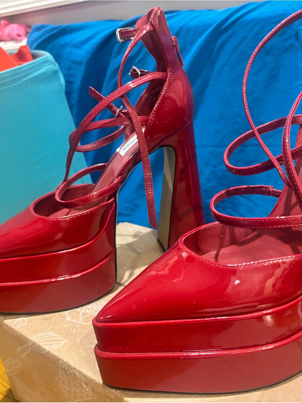 Steve Madden Red Patent Platform Block Heels with Strappy Wrap - Picture 4 of 8